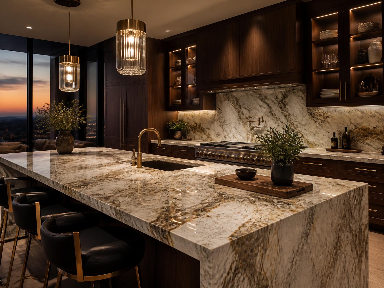 Austin kitchen with a veined granite island installed by Anna's Granite Gallery